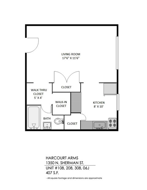 Floor plan for studio, 1 bath, 407 sqft